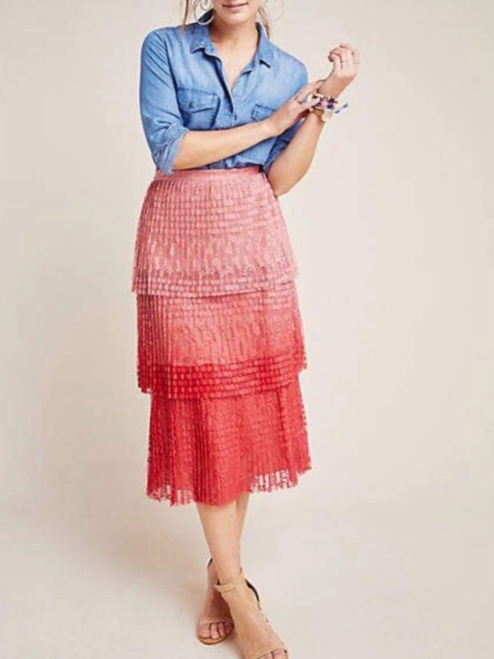 NWOT Anthropologie Maeve Tiered Ombre Pink Lace Midi Skirt